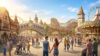Famille et visiteurs se promenant dans une allée animée d'Europa-Park avec des montagnes russes et un carrousel.