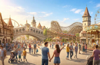 Famille et visiteurs se promenant dans une allée animée d'Europa-Park avec des montagnes russes et un carrousel.