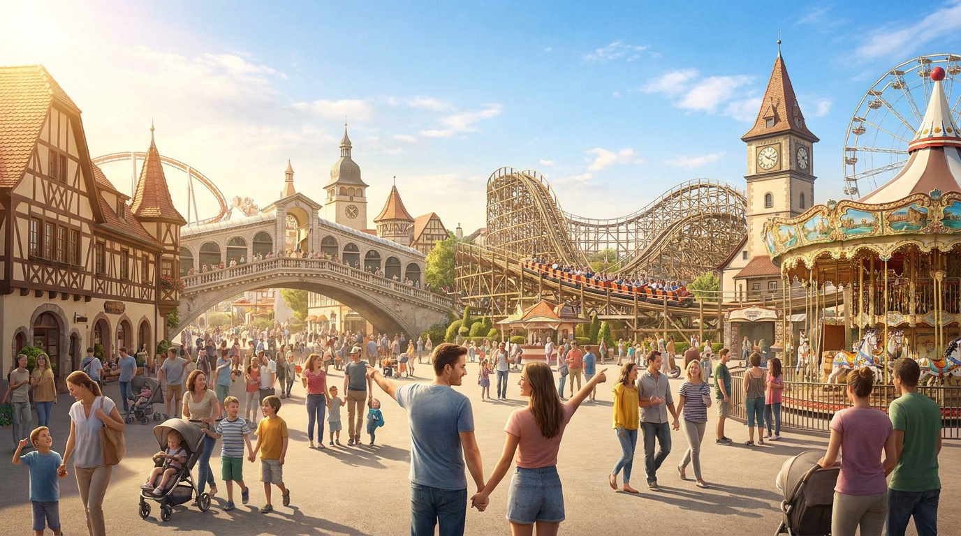 Famille et visiteurs se promenant dans une allée animée d'Europa-Park avec des montagnes russes et un carrousel.