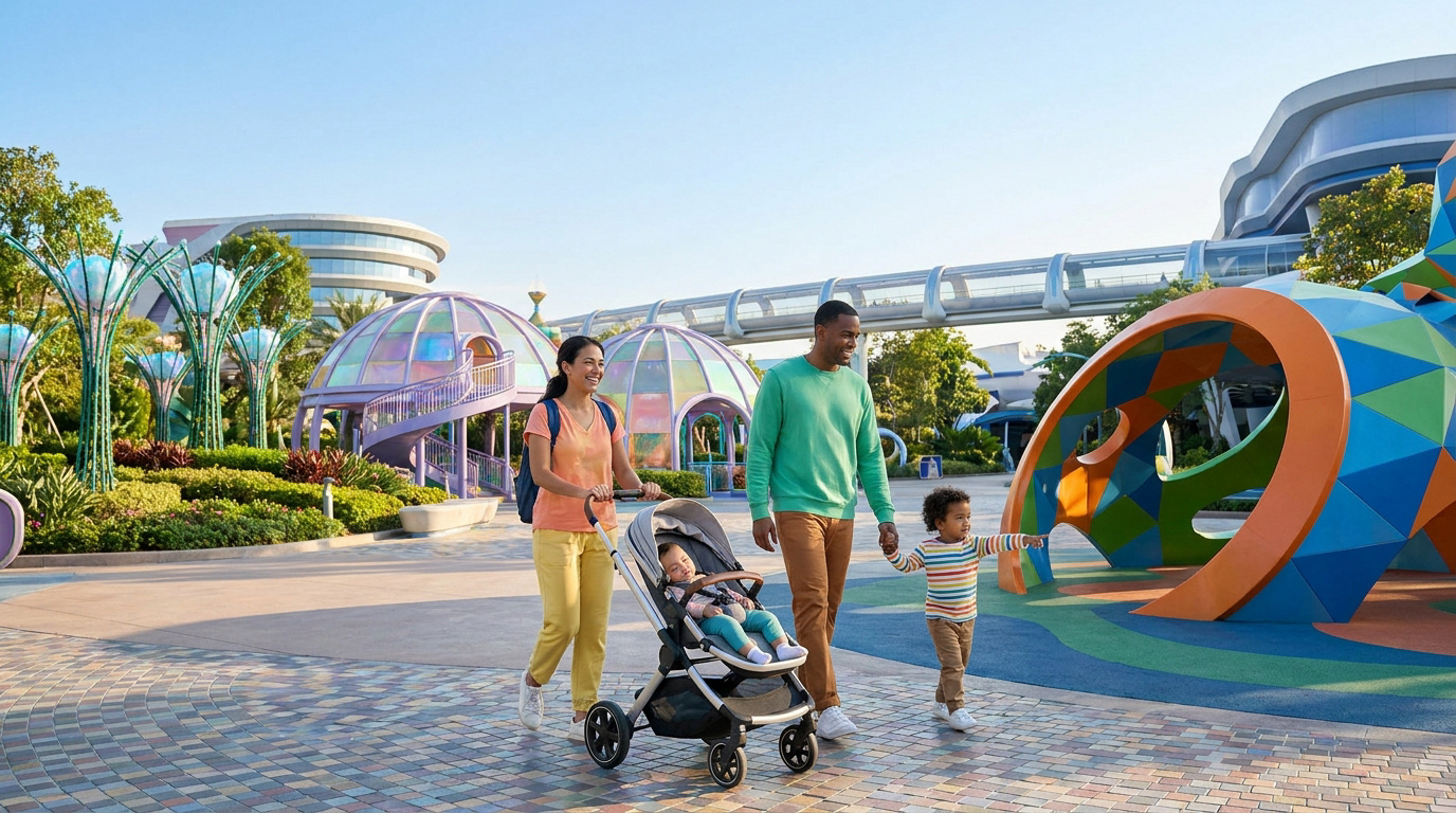 Une famille heureuse se promène avec un bébé en poussette et un jeune enfant dans le parc futuriste du Futuroscope.