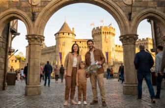 Une famille souriante avec une carte devant l'entrée en pierre d'un château médiéval au Puy du Fou.