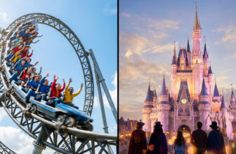Comparaison entre des montagnes russes au Parc Astérix et le château de Disney au coucher du soleil.