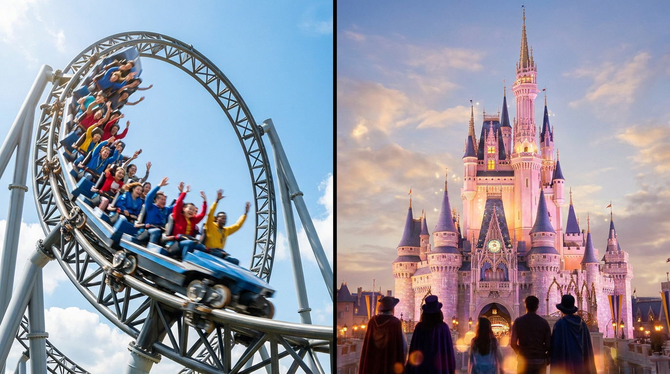 Comparaison entre des montagnes russes au Parc Astérix et le château de Disney au coucher du soleil.