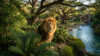 Un lion mâle majestueux avec une crinière fournie, debout au bord d'une rivière dans une forêt luxuriante et ensoleillée.