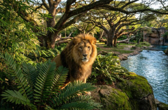 Un lion mâle majestueux avec une crinière fournie, debout au bord d'une rivière dans une forêt luxuriante et ensoleillée.