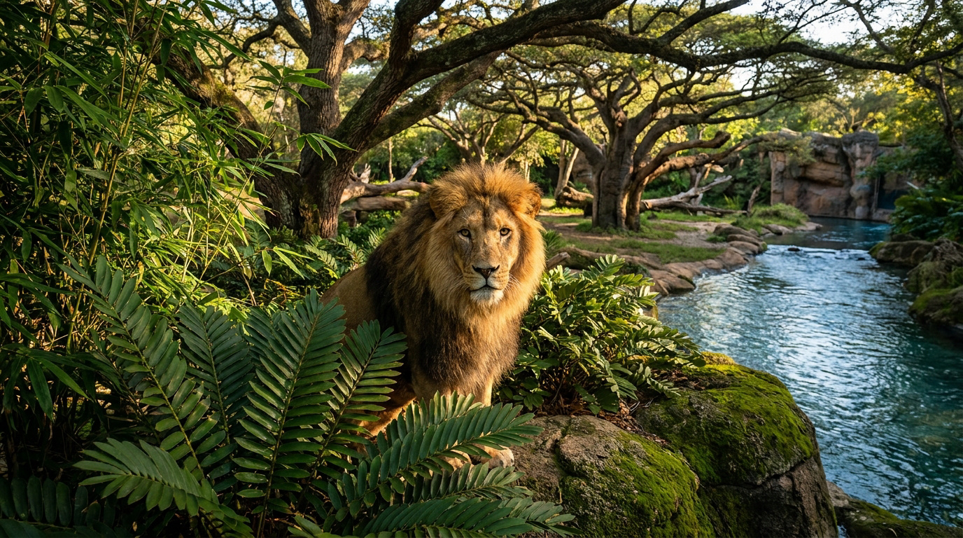 Un lion mâle majestueux avec une crinière fournie, debout au bord d'une rivière dans une forêt luxuriante et ensoleillée.