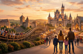 Une famille regarde un grand château de conte de fées et des montagnes russes au coucher du soleil dans un parc à thème.