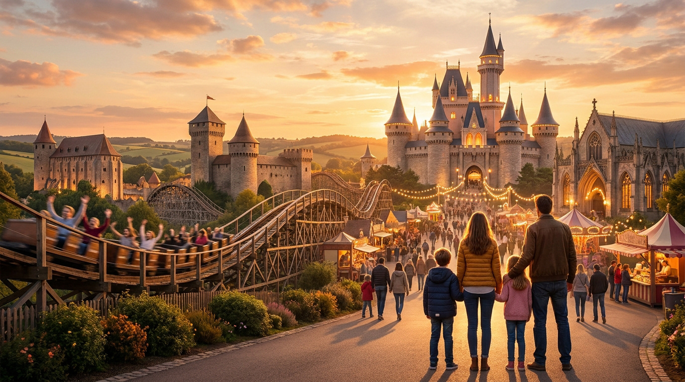 Une famille regarde un grand château de conte de fées et des montagnes russes au coucher du soleil dans un parc à thème.